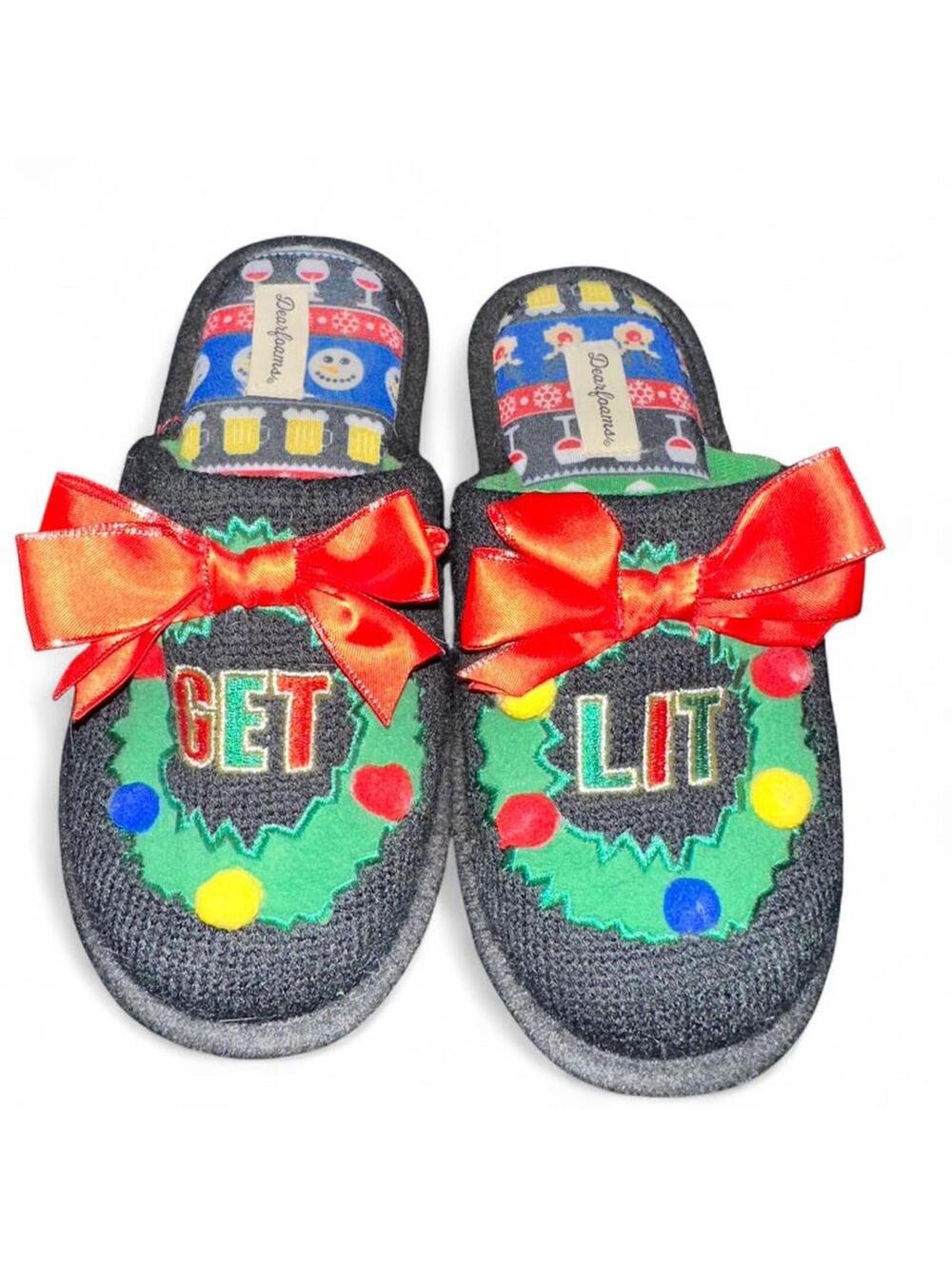 Dearfoams “Get Lit” Christmas Slippers Funny Holiday House Shoes